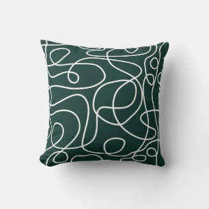 Doodle Line Art Pattern White on Dark Emerald Throw Pillow