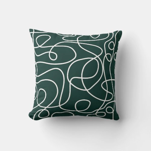 Doodle Line Art Pattern  White on Dark Emerald Throw Pillow