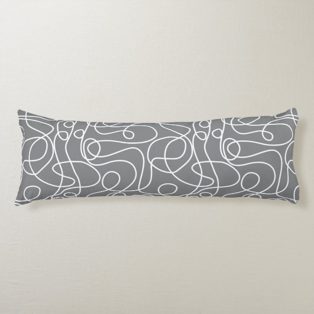 Doodle Line Art Pattern | White on Gray Body Pillow (Front)