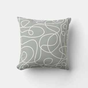Doodle Line Art Pattern White on Mid Gray Green Throw Pillow