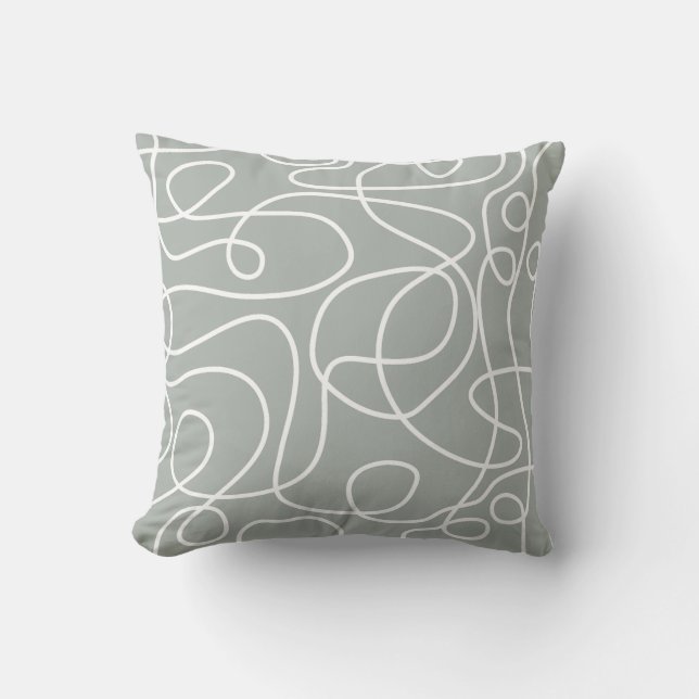 Doodle Line Art Pattern | White on Mid Gray Green Throw Pillow (Front)