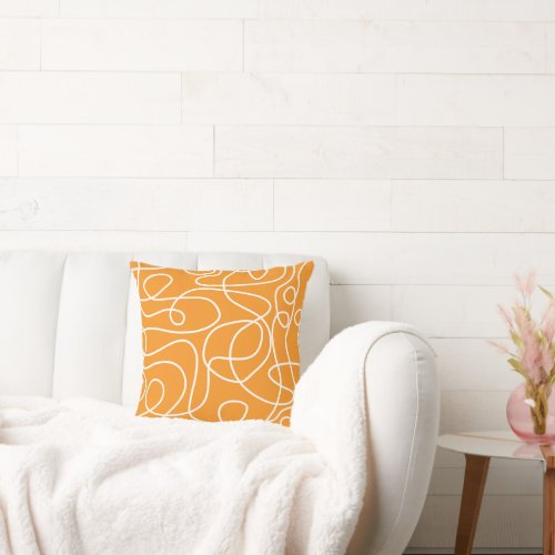 Doodle Line Art Pattern  White on Orange Throw Pillow