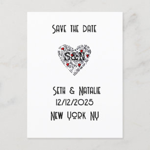 doodle love heart wedding save the date postcard