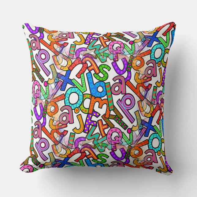 Doodle Lowercase Alphabet Pattern Throw Pillow (Front)