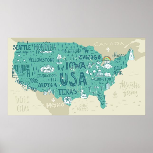 Doodle Map Of USA Poster (Front)
