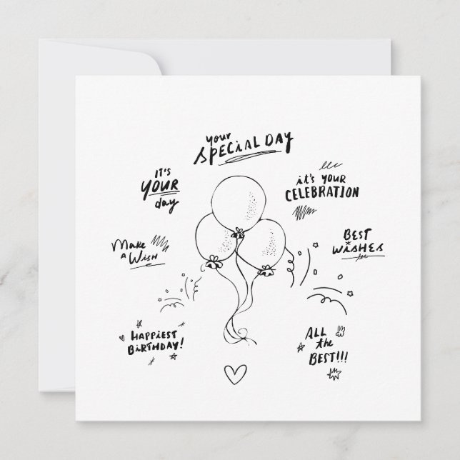 Doodle Modern Balloon Happy Birthday Card  (Front)