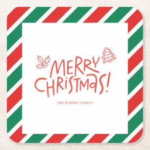Doodle modern merry christmas party card square paper coaster