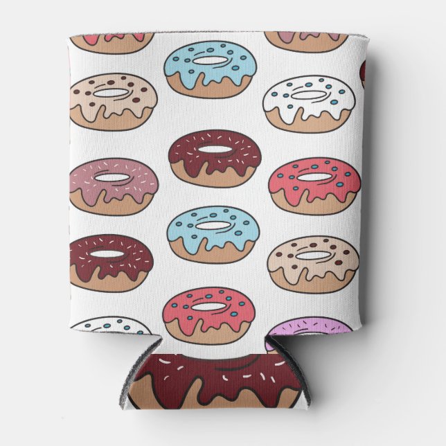 Doodle Multi-Colored Donuts Background. Can Cooler (Front)