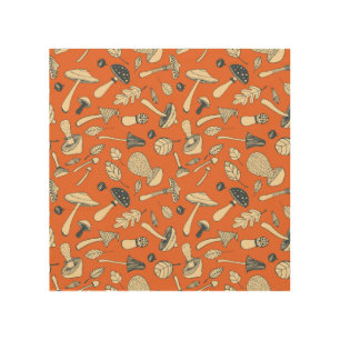 Doodle Mushroom Vintage Seamless Wallpaper Wood Wall Art
