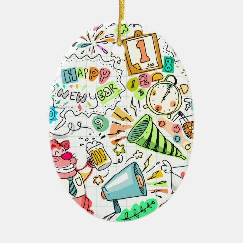 doodle new year party celebration ceramic ornament