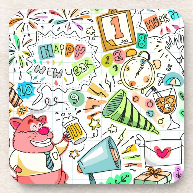 doodle new year party celebration drink coaster (Front)