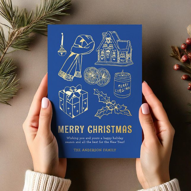 Doodle Non-Photo Blue Christmas Foil Holiday Card (Creator Uploaded)