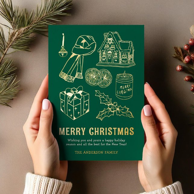 Doodle Non-Photo Green Christmas Foil Holiday Card (Creator Uploaded)