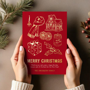 Doodle Non-Photo Red Christmas Foil Holiday Card