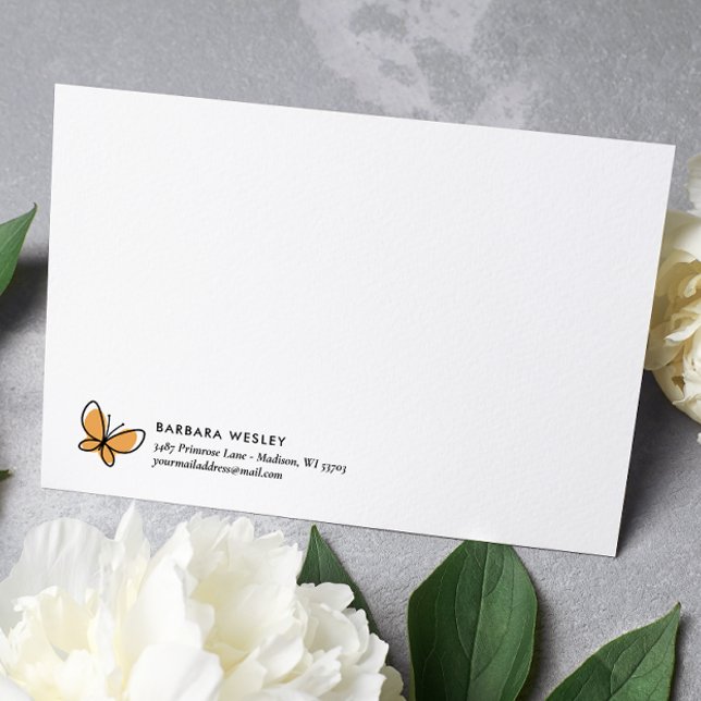 DOODLE ORANGE BUTTERFLY WHIMSICAL MONOGRAM NOTE CARD (Creator Uploaded)