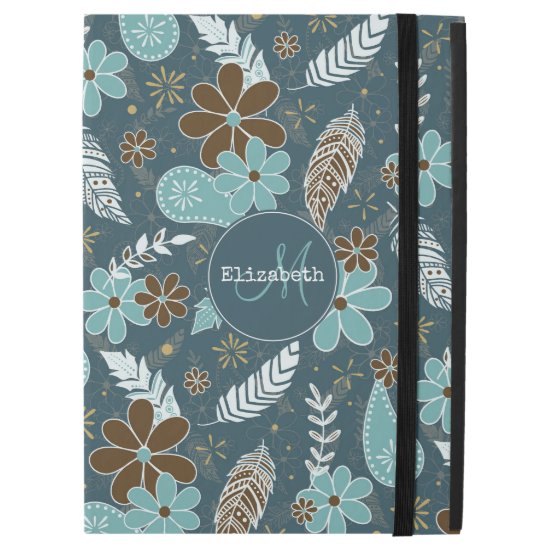 doodle paisley feather flowery boho  pattern teal iPad pro 12.9" case