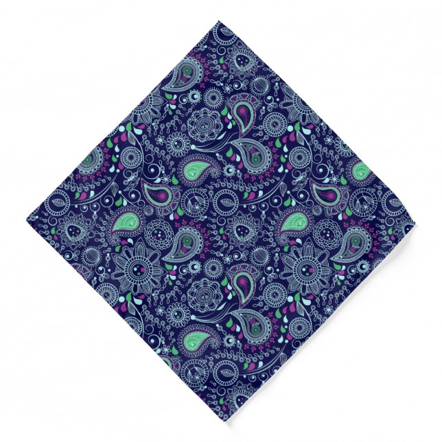 Doodle Paisley Pattern Dark Blue Bandana (Front)