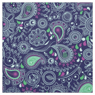Doodle Paisley Pattern Dark Blue Fabric