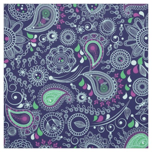 Doodle Paisley Pattern Dark Blue Fabric