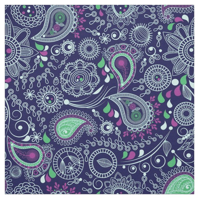 Doodle Paisley Pattern Dark Blue Fabric (Swatch)
