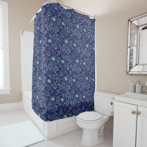 Doodle Paisley Pattern Dark Blue Shower Curtain