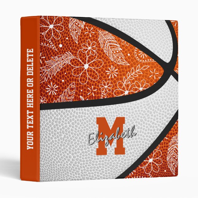 doodle paisley pattern orange white basketball 3 ring binder (Front/Spine)
