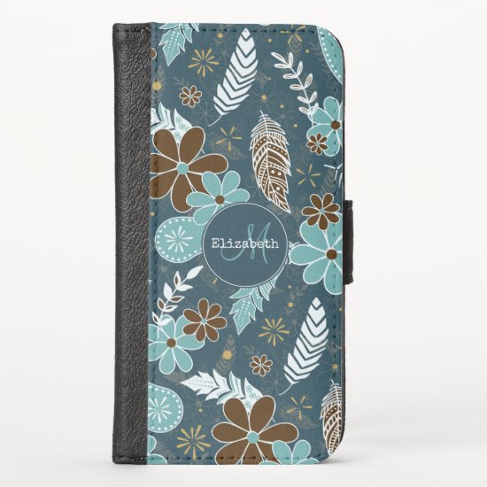 doodle paislies feathers flowers boho pattern teal iPhone x wallet case