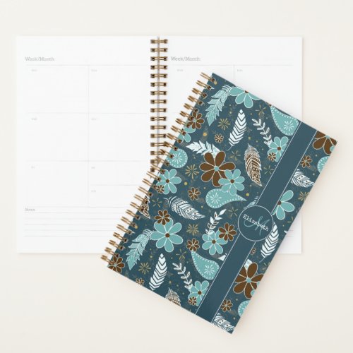 doodle paislies feathers flowers boho pattern teal planner