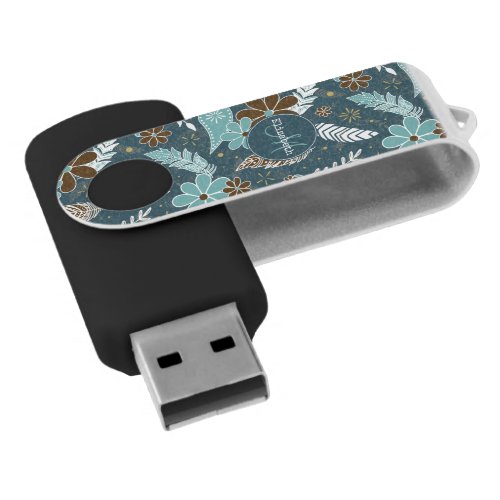 doodle paislies feathers flowers pattern teal flash drive