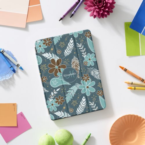 doodle paislies feathers flowers pattern teal iPad pro cover