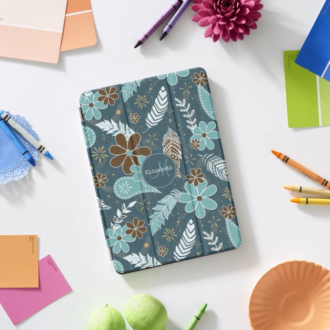 doodle paislies feathers flowers pattern teal iPad pro cover (Desk)