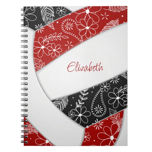 doodle paislies feathers red black boho volleyball notebook (Front)