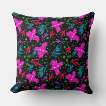 Doodle pattern flowers, leaves birds black backgro