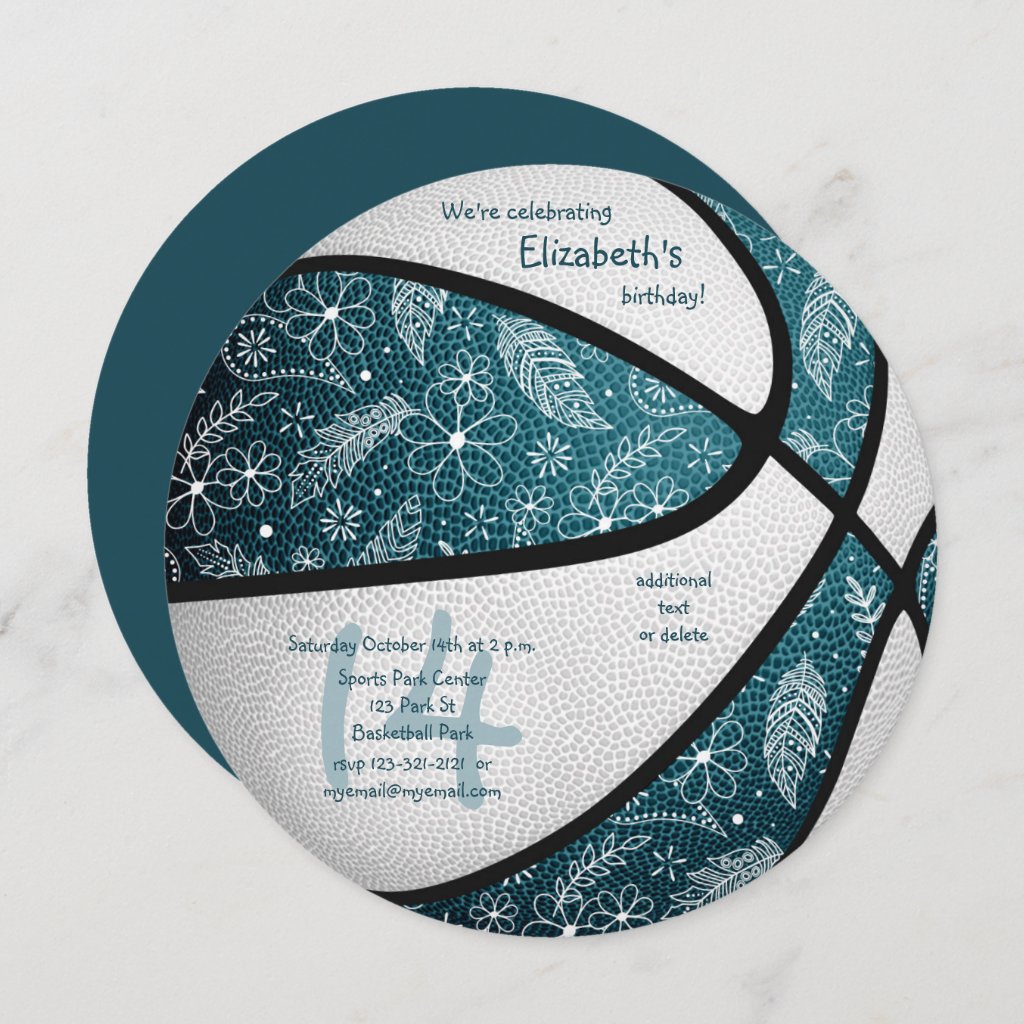 doodle pattern girls teal basketball birthday invitation