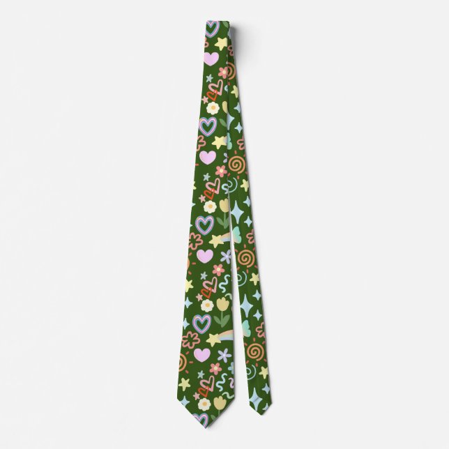 Doodle  pattern pastel shade D Green BG Neck Tie (Front)