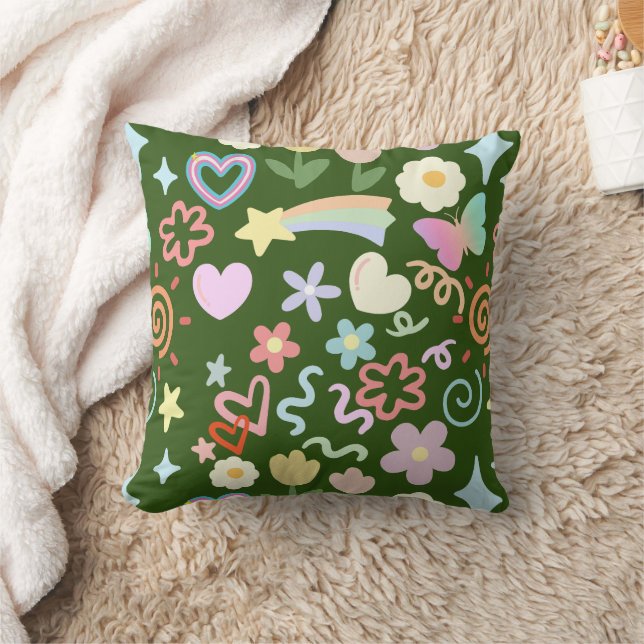Doodle  pattern pastel shade D Green BG Throw Pillow (Blanket)