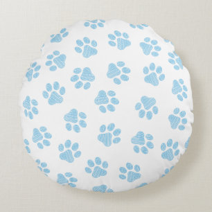 Doodle Paws, Dog Paws, Baby Blue Paws Round Pillow