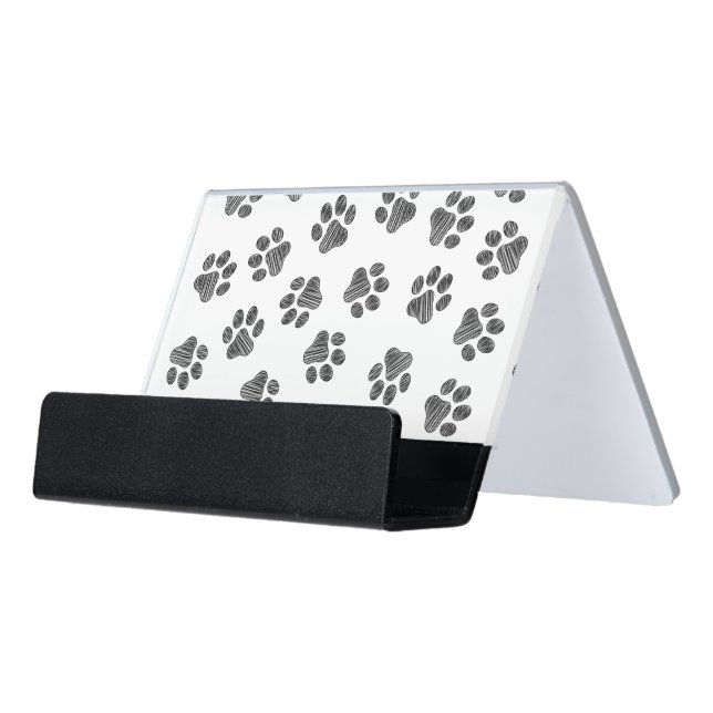 Doodle Paws, Dog Paws, Black Paws Desk Business Card Holder (Angled Front)