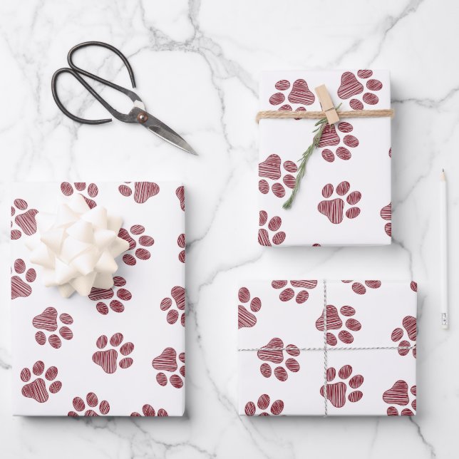 Doodle Paws, Dog Paws, Burgundy Paws Wrapping Paper Sheets (Front)