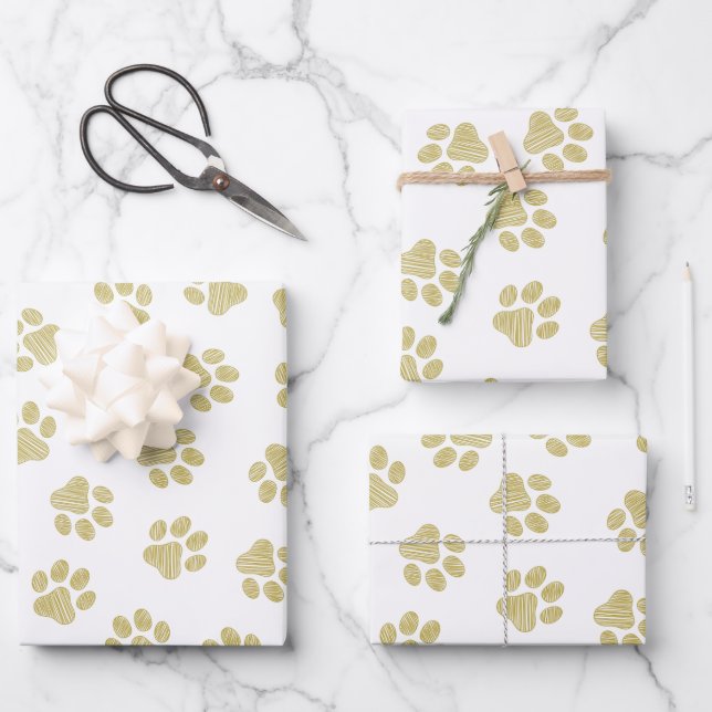 Doodle Paws, Dog Paws, Gold Paws Wrapping Paper Sheets (Front)