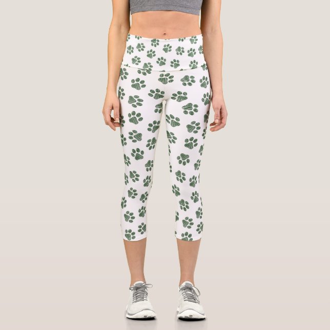 Doodle Paws, Dog Paws, Green Paws Capri Leggings (Front)
