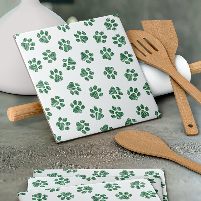 Doodle Paws, Dog Paws, Green Paws Ceramic Tile (Creator Uploaded)