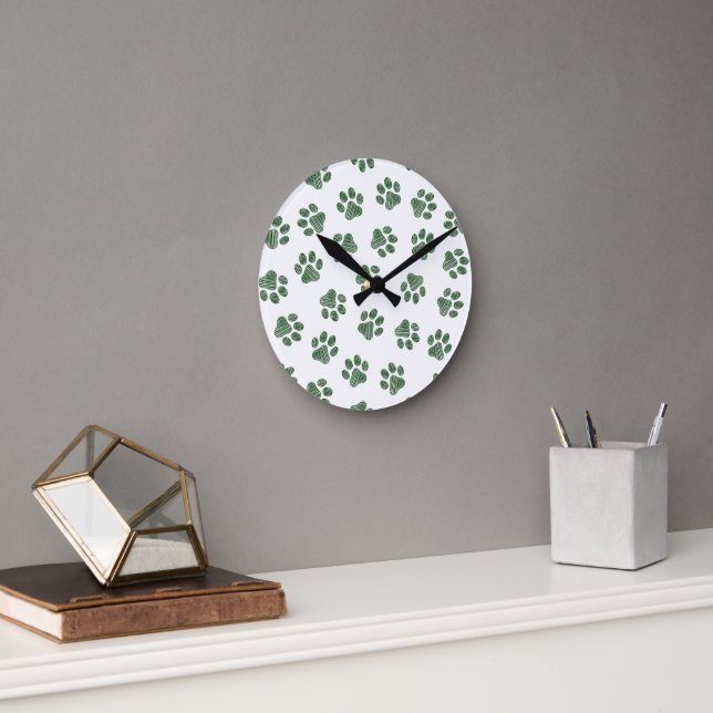 Doodle Paws, Dog Paws, Green Paws Round Clock (Office)