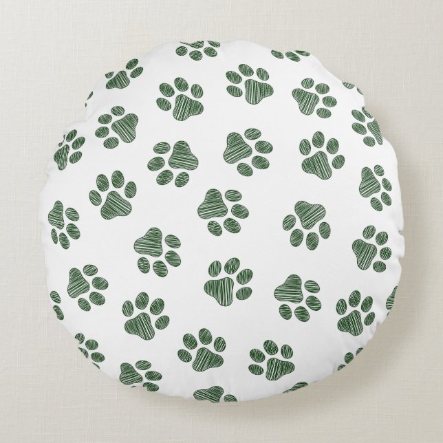 Doodle Paws, Dog Paws, Green Paws Round Pillow (Front)