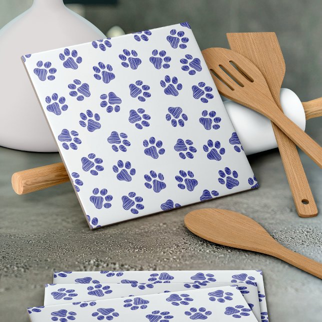 Doodle Paws, Dog Paws, Navy Blue Paws Ceramic Tile (Creator Uploaded)