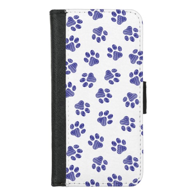 Doodle Paws, Dog Paws, Navy Blue Paws iPhone Wallet Case (Front)