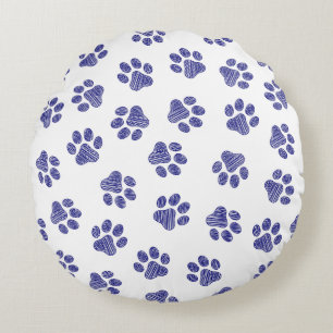 Doodle Paws, Dog Paws, Navy Blue Paws Round Pillow