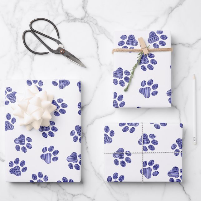 Doodle Paws, Dog Paws, Navy Blue Paws Wrapping Paper Sheets (Front)