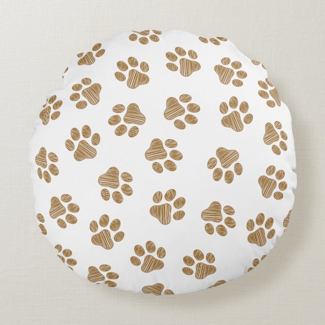 Doodle Paws, Dog Paws, Orange Gold Paws Round Pillow (Front)