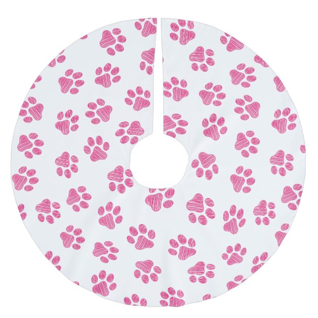 Doodle Paws, Dog Paws, Pink Paws Brushed Polyester Tree Skirt (Front)